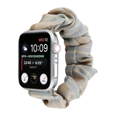 Afbeelding van Apple Watch Elastisch scrunchie nylon bandje Khaki / Lichtblauw Geschikt voor 38mm 40mm 41mm