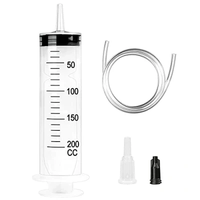 Afbeelding van Grote spuit, 200 ml, plastic herbruikbare vloeibare spuit met slang en stop graafmachineslang voor laboratorium, industrie, tuin huisdiervoeding, wit