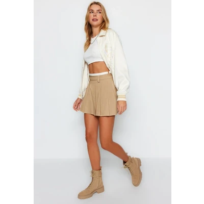 Afbeelding van Trendyol Beige Geplooide Mini Geweven Rok Met Dubbel Riemdetail Twoaw24Et00079