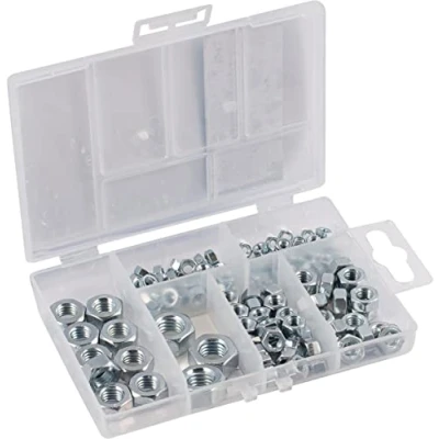 Afbeelding van Connex DP8500112 Assortiment zeskantmoeren 150 delig diverse maten in een set (M3, M4, M5, M6, M8, M10) verzinkt voorgesorteerd praktische kunststof doos/zekeringmoeren/assortimentsdoos