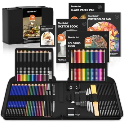 Afbeelding van Shuttle Art Set van 116 schets en tekenpotloden, schetsset met 4 tekenblokken, grafietpotloden in ritsetui, kleurpotloden voor kunstenaar schetsen, kunstset volwassenen, beginner