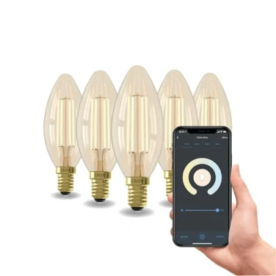 Afbeelding van Calex Slimme Lamp Set van 5 stuks Wifi LED Filament Verlichting E14 Smart Kaars Lichtbron Goud Dimbaar Warm Wit licht 4,9W