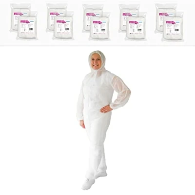 Afbeelding van ARNOMED PP wegwerp beschermpak wit, 10x full body pak maat L (130x171cm), verf &amp; lakpak met capuchon, witte werkoverall voor mannen en vrouwen, latexvrije beschermende kleding.