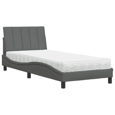 Afbeelding van vidaXL Bed met matras stof donkergrijs 90x200 cm, bedframe, bed, enkel bedframes, bedbodem, stoffen gewelfd bedframe