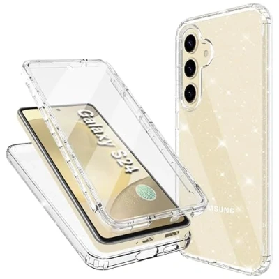 Afbeelding van Mosoris Hoes voor mobiele telefoon Samsung Galaxy S24, glitter met ingebouwde displaybescherming, 360 graden stootvaste beschermhoes, zachte siliconen bumper, transparant, glitter, slim flexibele