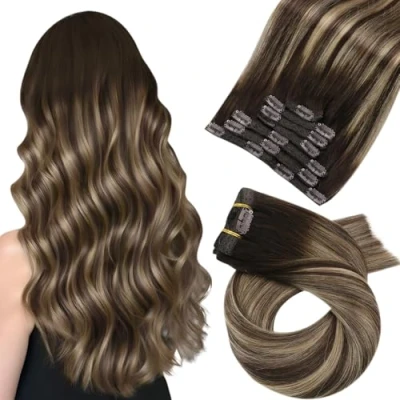 Afbeelding van Moresoo Clip in extensies van echt haar, balayage, Remy, haarverlenging clip, ombre, dubbele vlechten, extensions, volledig hoofd, donkerbruin tot bruin, met donkere asblond, 7 stuks/120g, 55cm