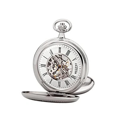 Afbeelding van REGENT Savonnette Zakhorloge voor heren, 51 mm, mechanisch met de hand opwinden, Romeinse cijfers in verschillende varianten, zilver grijs, Klassiek