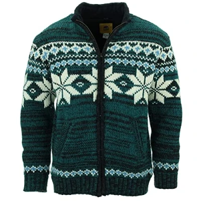 Afbeelding van LOUDelephant Handgebreide wollen jas, uniseks, handgemaakt, warm, S XXL gevoerd, Fairisle Teal 2, 4XL