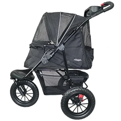 Afbeelding van PETIQUE Chinook Zwart Luxe hondenwandelwagen Vouwen met één hand 12&quot; Eva banden voor en achter extra comfort Reflecterende binding Houdt huisdier tot 23 kg Dierendrager