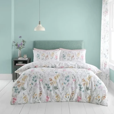 Afbeelding van Catherine Lansfield Emilia Bloemen Omkeerbare King Dekbedovertrek Set met Kussenslopen Wit Groen