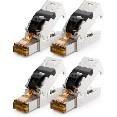 Afbeelding van deleyCON 4x CAT 6a Netwerkstekker RJ45 met LSA Aansluiting Gereedschapsloos voor Stijve Installatiekabels LAN Kabel Netwerkkabel Stekker CAT6a CAT7 Afgeschermde Metalen Behuizing 10 Gbit/s