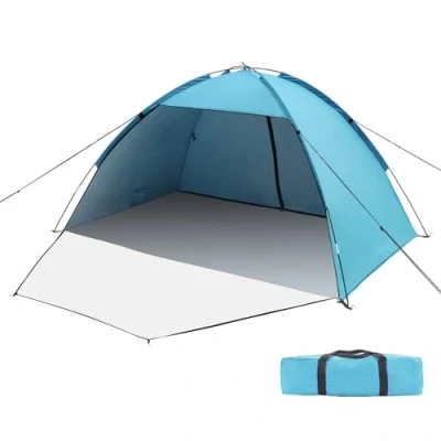 Afbeelding van Strandschelptent, uv bescherming 50+, familietent, XXL, voor en achterdeur met ritssluiting, inkijkbescherming, ventilatie, windscherm, zonwering, strandtent, kleine verpakkingsmaat strand, tuin