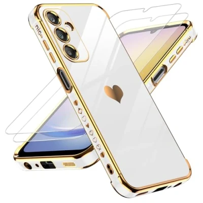 Afbeelding van LeYi Telefoonhoesje voor Samsung Galaxy A25 5G, met 2 x beschermfolie, schattig hartpatroon, TPU siliconen, gegalvaniseerd, stootvast, beschermhoes, cover, case, camerabescherming, krasbestendig, wit