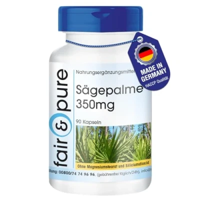 Afbeelding van Fair &amp; Pure® Zaagpalm capsules 350mg bevat minstens 0,014% bèta sitosterol en 25% vetzuren vegan zonder magnesiumstearaat 90
