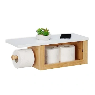 Afbeelding van Relaxdays wc rolhouder met plankje bamboe toiletrolhouder muur voor meerdere rollen