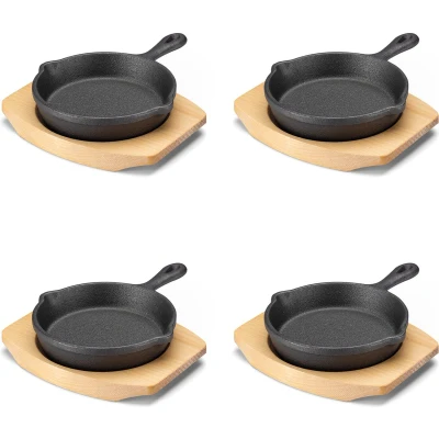 Afbeelding van Navaris 4x mini gietijzeren koekenpan 10 cm Inclusief houten onderzetter 14 x 11 Ovenbestendig