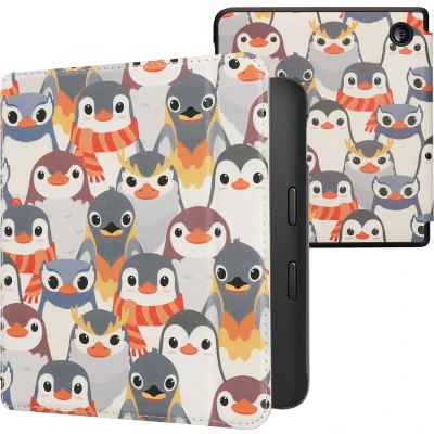 Afbeelding van kwmobile E reader hoesje geschikt voor Kobo Libra 2 hoes flip case met magnetische sluiting Ereader cover Pinguïn Ontwerp design in grijs / geel bruin