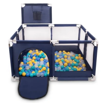 Afbeelding van Selonis Square Babybox Met Plastic 200 Ballen, Basketbal, Blauw:Turkoois/Blauw/Geel/Transparant