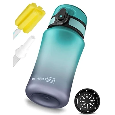 Afbeelding van Minny drinkfles voor kinderen lekvrij met rietje of zeef 350ml, 500ml, 750ml lichtgewicht Tritan BPA vrij kleuterschool, school (grijs blauw 350ml)
