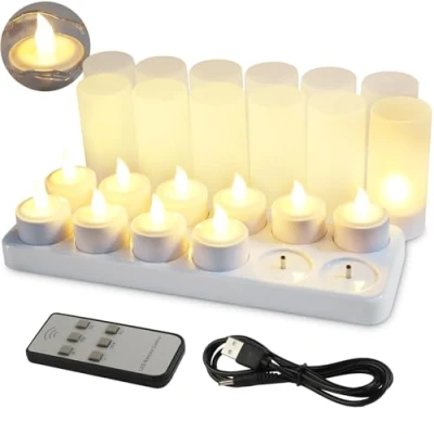 Afbeelding van EuroFone LED theelicht Kaarsen met Afstandsbediening Warm Wit Oplaadbare Kaars Houder Oplaadstation (12st)