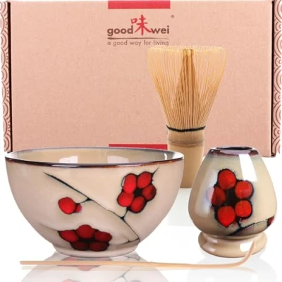 Afbeelding van Matcha Set Japanse Theeset Ceremonie Kit met en moderne Schaal, Matchaklopper Chasen Houder (Gurei, 80) (80, Plum)