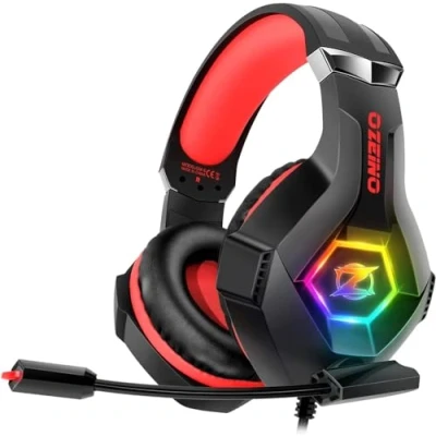 Afbeelding van Ozeino gaming Headset voor PC, PS4, PS5, Xbox headset, hoofdtelefoon met ruisonderdrukking, flexibele microfoon geheugen oorbeschermers RGB licht telefoon, schakelaar, Mac rood