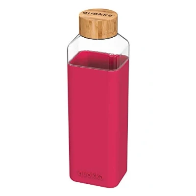Afbeelding van Quokka Storm Maroon Vierkante waterfles van BPA vrij glas, herbruikbaar, borosilicaatglas met siliconen hoes en bamboepop, 700 ml