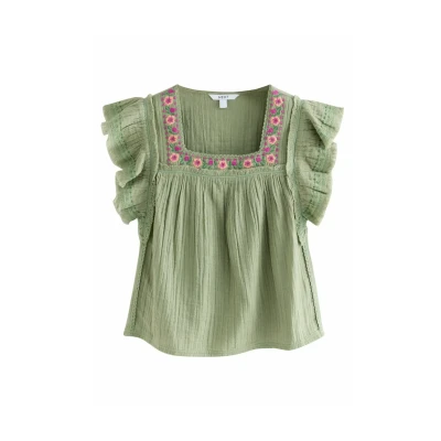 Afbeelding van Next Regular FIT SOFT Short Sleeve Embroidered Square NECK Top, Dames, Maat: 38, Khaki green