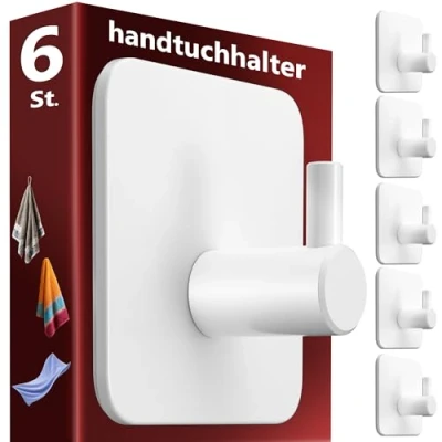 Afbeelding van Menz Handdoekhouder zonder boren, 6 stuks witte kleefhaken extra sterk, roestvrij, ideaal als handdoekhaak voor badkamer en keuken premium haak zelfklevend incl. kleefpads