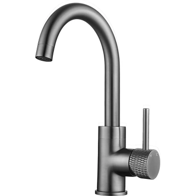 Afbeelding van Wiesbaden Ribbd wastafelmengkraan met draaibare uitloop gunmetal