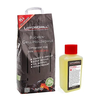 Afbeelding van LotusGrill Beukenhoutskool zak van 2,5 kg incl. brandpasta 200 ml, beide ontwikkeld voor rookarm grillen met de