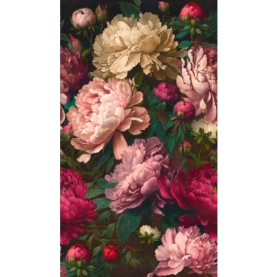 Afbeelding van 3D behang met pioenrozen, bijzondere bloemenbehang in vintage stijl 398621, vliesbehang pioenrozen 39862 1, groen roze, BRICOFLOR.nl