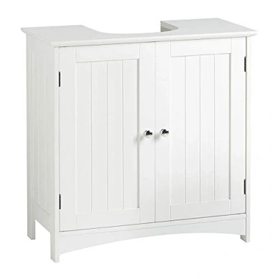 Afbeelding van OHMG Wastafelonderkast, onderkast, badkamerkast met 2 deuren, verstelbare plank, veel opbergruimte, vrijstaand, landelijke stijl, wit, 60 x 30 cm