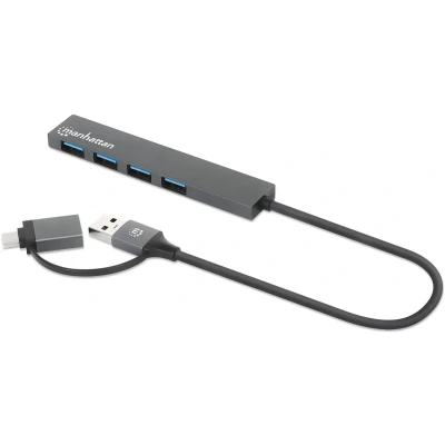 Afbeelding van Manhattan 4 poorts USB 3.0 Type C / A Combo Hub (USB C, 4 Havens), Docking station + hub, Grijs