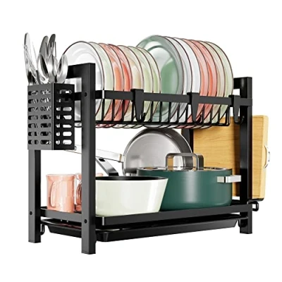 Afbeelding van afdruiprek servies zwart (52 x 24,5 34,5 cm), 2 traps roestvrij staal, afdruiprek, vaatdroger met keukengereihouder en lekbak