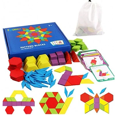 Afbeelding van EACHHAHA Tangram houten puzzels voor kinderen, geometrische vormen, Montessori speelgoed, puzzel met 155 vormen en 24 designkaarten, geschikt kinderen van 3 tot 5 7 jaar, educatief speelgoed