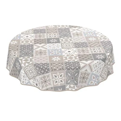 Afbeelding van ANRO Tafelzeil, afwasbaar tafellaken van wasdoek, tegellook, tegels, beige/grijs/blauw, rond, 140 cm, met zoom, omzoomd