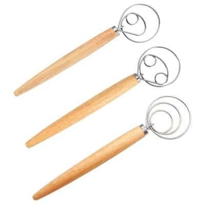 Afbeelding van Deense garde, 3 stuks professionele deeggarde, brooddeeggarde, eierklopper, houten handvat mixer, bakgereedschap met handvat, voor het bakken van brood gebak dessert pizzadeeg, 30 cm