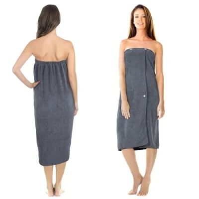 Afbeelding van Jokisa Saunakilt voor dames, saunahanddoek met knopen, van 400 g/m² microvezel, zakken en elastiek, handdoekjurk geschikt sauna, badkamer, zwembad, grijs