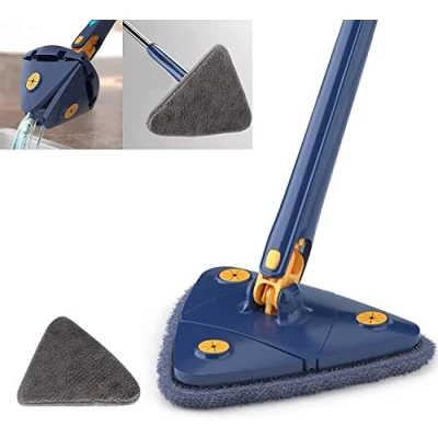 Afbeelding van Earnmore 360 graden driehoekige reinigingsmop, telescopische mop, draaibare verstelbare dweil, multifunctionele push pull automatische knijpmop (blauw + 1 pads)