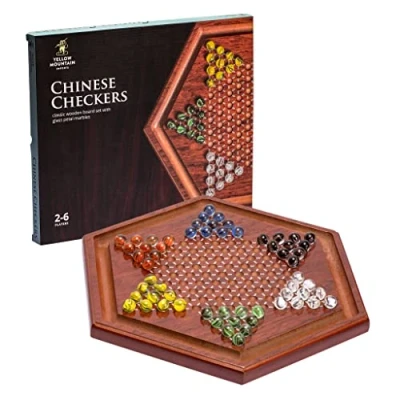 Afbeelding van Yellow Mountain Imports Houten Chinees Damspel Halma Bordspelset 34,5 centimeters met 60 gekleurde glazen knikkers bloembladmotief (16 millimeter)