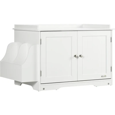 Afbeelding van PawHut kattenbak, kattenbak met magnetische deuren, kattenhuis verstelbare tussenwand, kattengrot grote opbergruimte, bijzettafel, wit, 86 x 48 52 cm