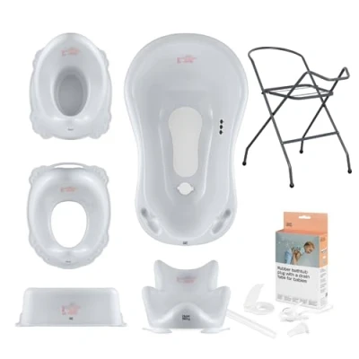 Afbeelding van Hylat Baby Set 7: Babybadje met standaard, babybad inzet, afvoerslang, kinder toiletzitting, potje voor kinderen, opstapje stabiel en comfortabel Kleur: Grijs, Motief: Friends
