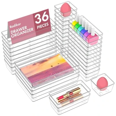 Afbeelding van Radikor Ladeorganizer, 36 stuks, organizer voor make up, laden van transparante kunststof, stapelbaar, 4 maten, container badkamer, keuken, bureau