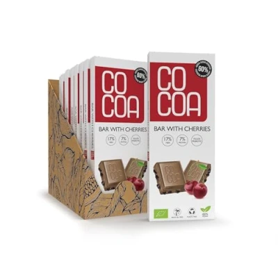 Afbeelding van Wit bord met BIO kersen 10 pack X 40g, 60% minder suiker, koolhydraatarme snack prebioticum inuline, chocolade laag kokossuikergehalte, perfect voor een koolhydraatarm dieet
