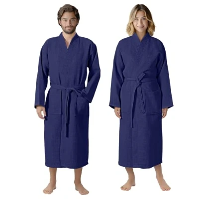 Afbeelding van HOMELEVEL Piqué Badjas Reizen 100% katoen voor Vrouwen en Mannen aankleden toga Kimono Saunarobe Piquee Wafel Blauw Maat 4XL