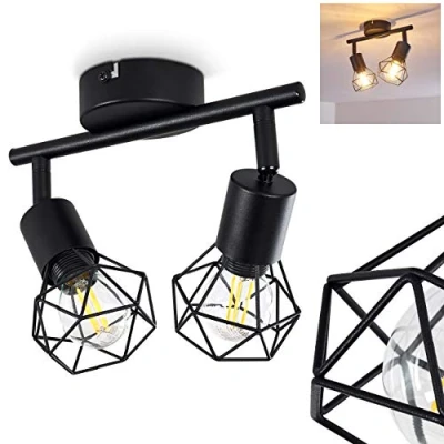 Afbeelding van plafondlamp Baripada, metalen in zwart, 2 lampen, x E14 fitting, verstelbare spot retro/vintage design grid look met lichteffect op het plafond, zonder lampen