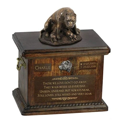 Afbeelding van Art Dog Custom Sitting Statue Memorial Urn Handgemaakt koud gegoten brons op berkenhouten voet 8,3x11,4x8,7 5l Staffordshire bulterriër
