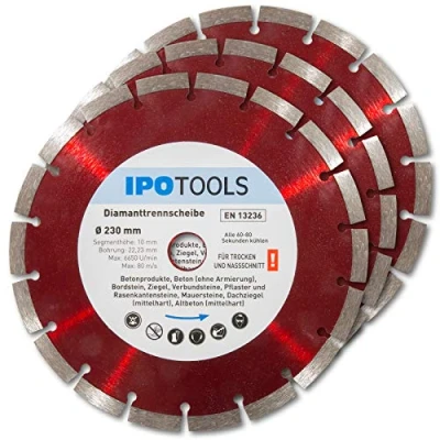 Afbeelding van IPOTOOLS Diamantdoorslijpschijf, 3 stuks, 230 mm, voor droog en nat zagen van beton, baksteen, natuursteen, steen, 10 mm segment, boring 22,23
