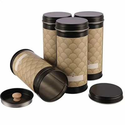 Afbeelding van 4 x smalle theedoos/voorraaddoos met aromabeschermingsdeksel voor elk 100 g thee, stapelbaar incl. Art Deco zelfklevende etiketten 14 6,6 cm (H,ø) ook ideaal als kruidenpotje